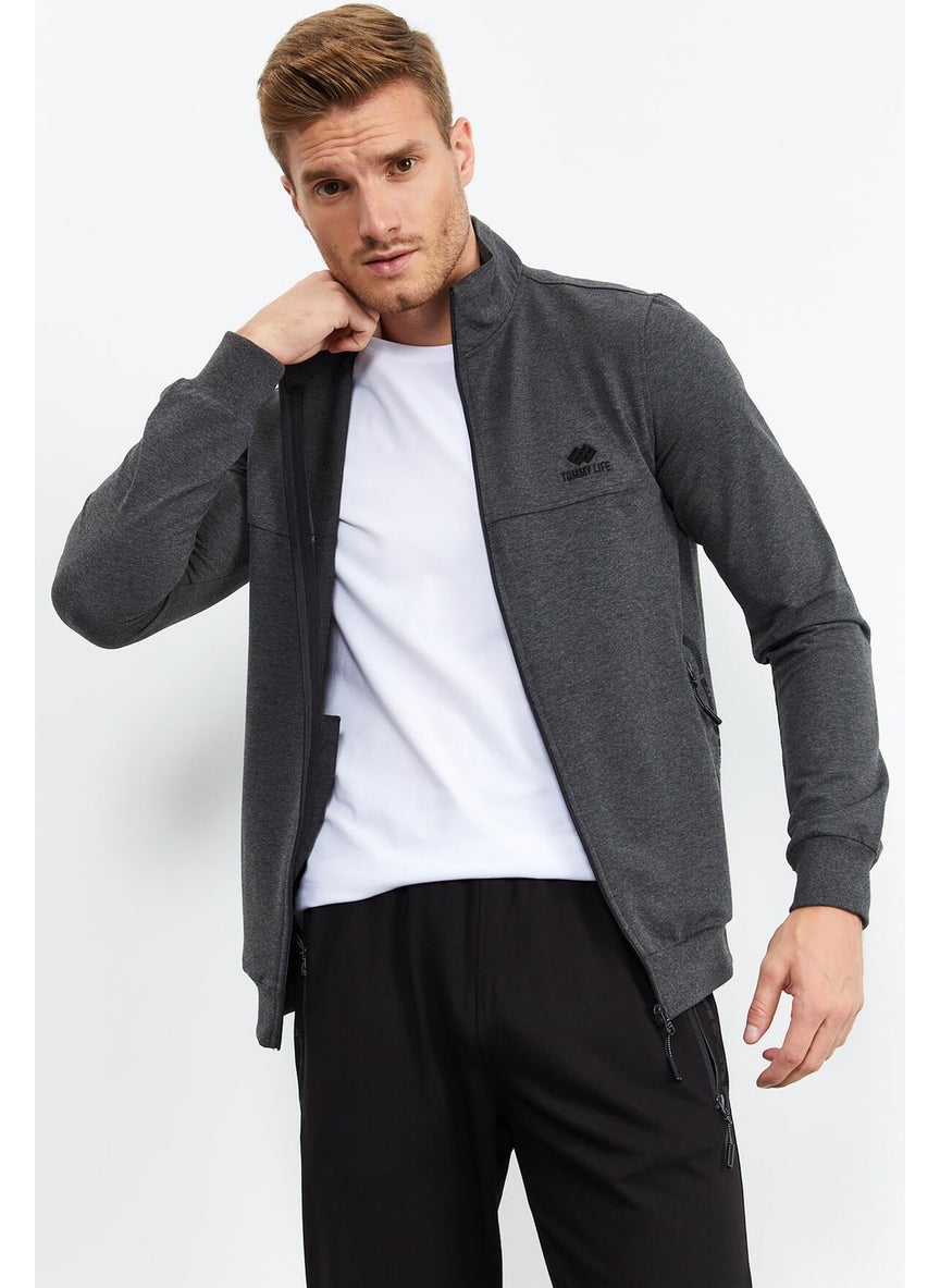 Anthracite Melange-Black Men's Stand Collar Zippered Standard Pattern Classic Leg Tracksuit-85152