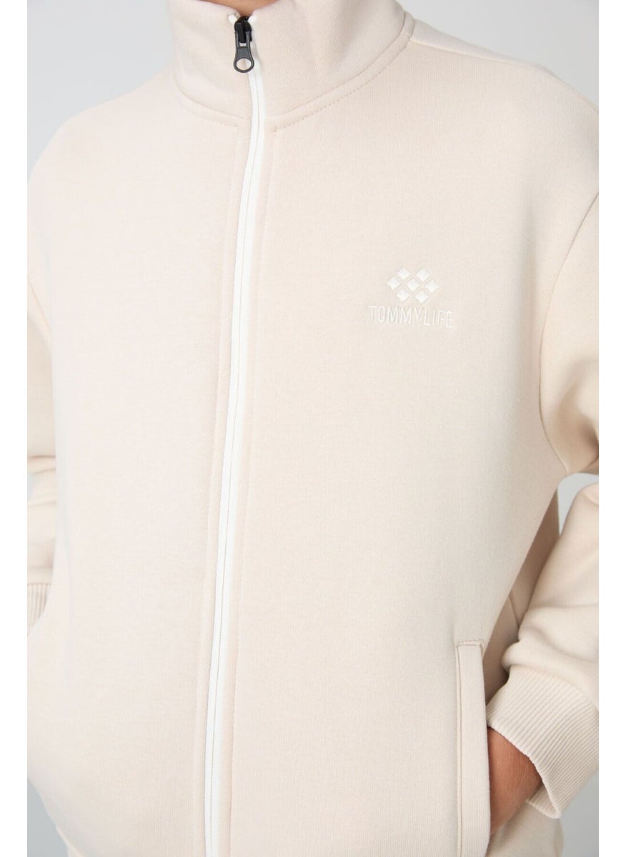 Beige Cotton Thick Fluffy Soft Texture Standard Fit Embroidered Boy's Tracksuit - 11256