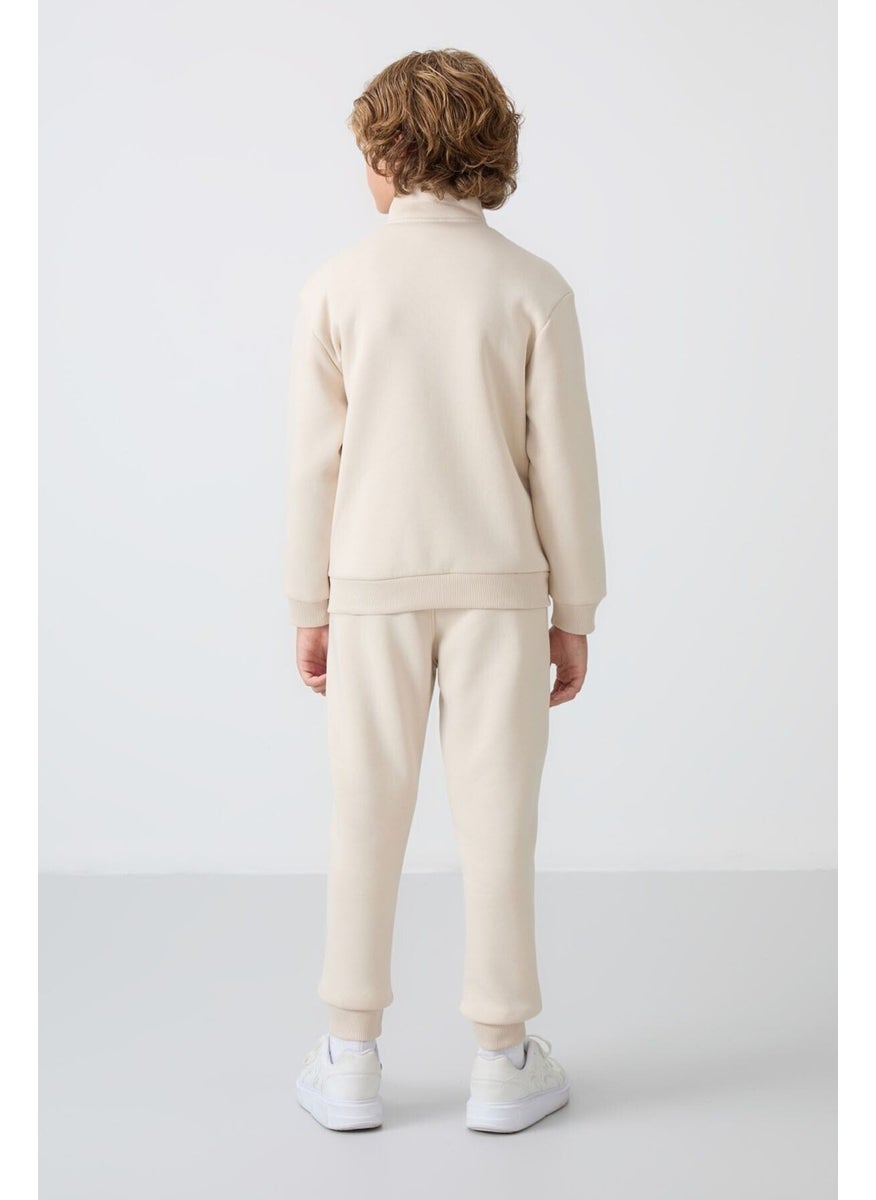 Beige Cotton Thick Fluffy Soft Texture Standard Fit Embroidered Boy's Tracksuit - 11256