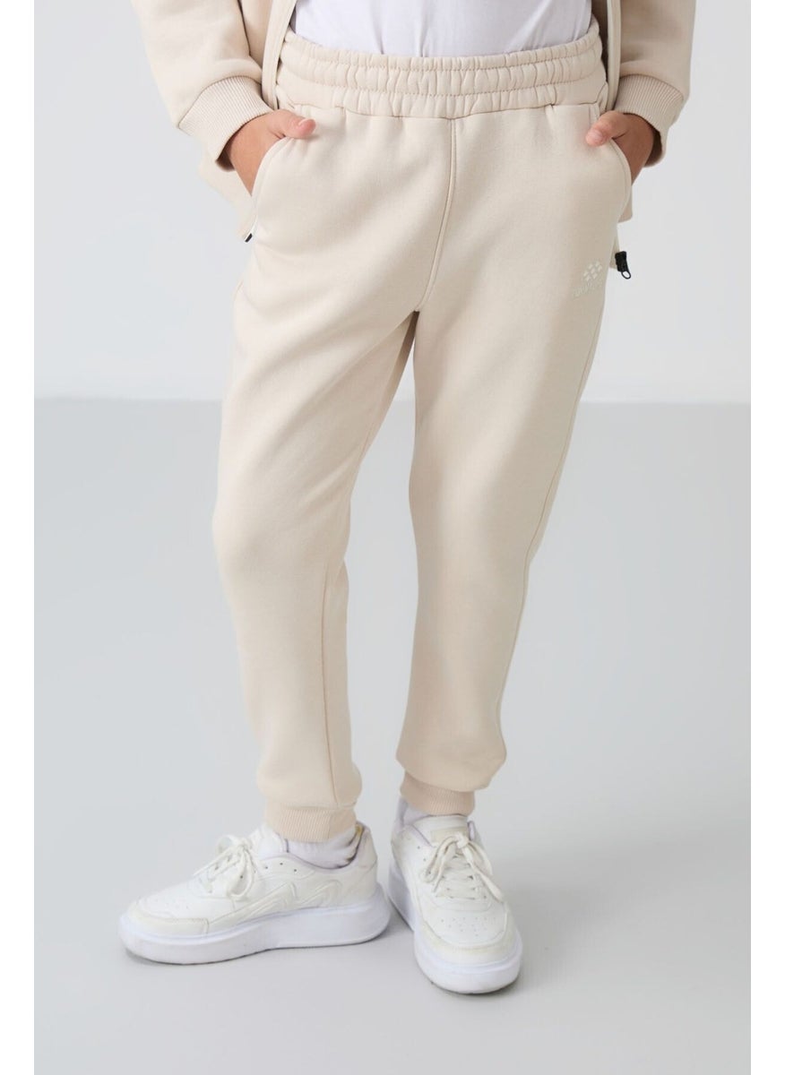 Beige Cotton Thick Fluffy Soft Texture Standard Fit Embroidered Boy's Tracksuit - 11256