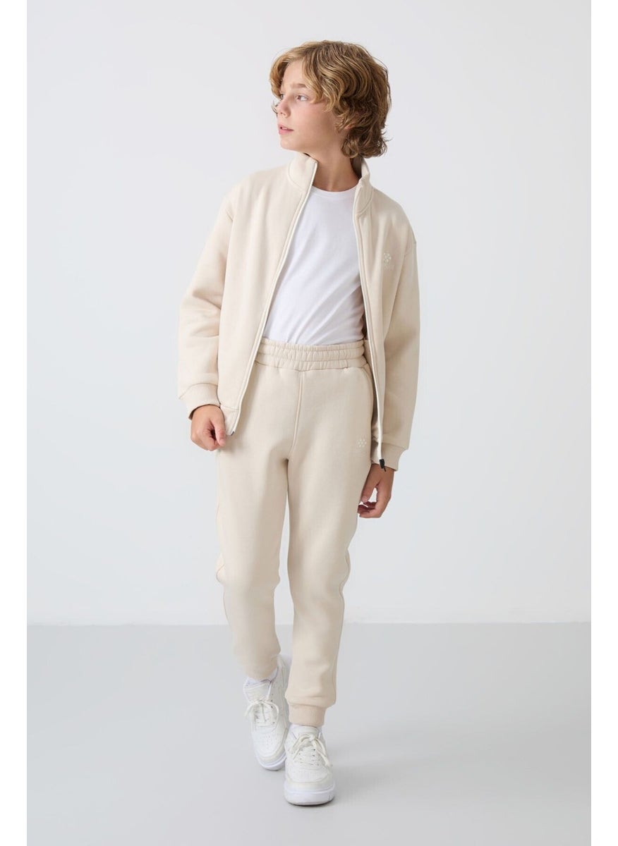 Beige Cotton Thick Fluffy Soft Texture Standard Fit Embroidered Boy's Tracksuit - 11256