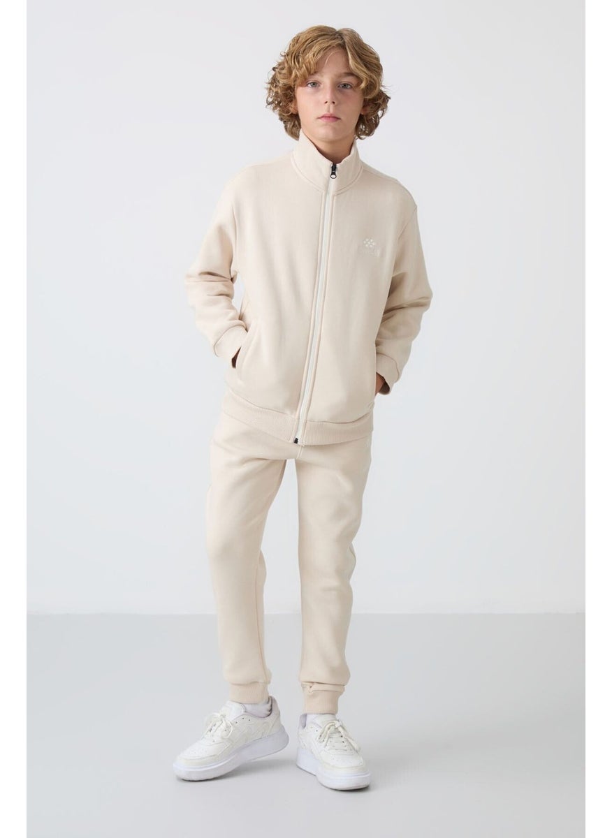 Beige Cotton Thick Fluffy Soft Texture Standard Fit Embroidered Boy's Tracksuit - 11256