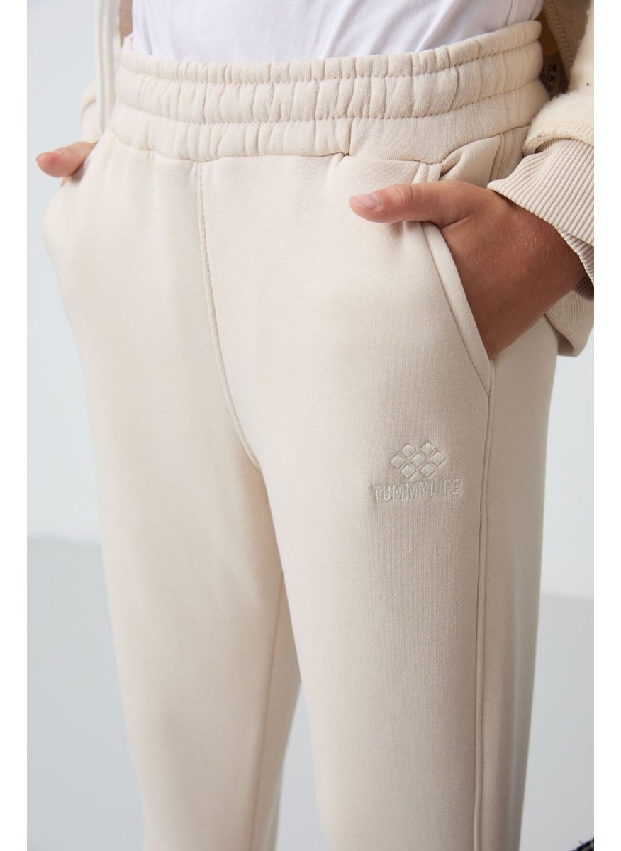 Beige Cotton Thick Fluffy Soft Texture Standard Fit Embroidered Boy's Tracksuit - 11256