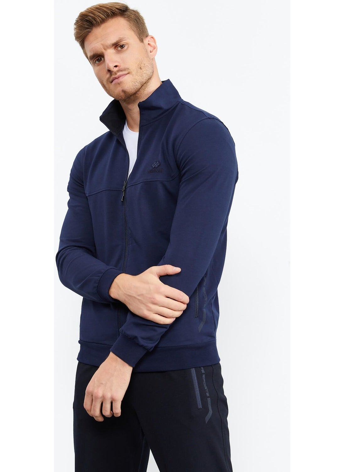 Indigo-Navy Blue Men's Stand Collar Zippered Standard Pattern Classic Leg Tracksuit-85152