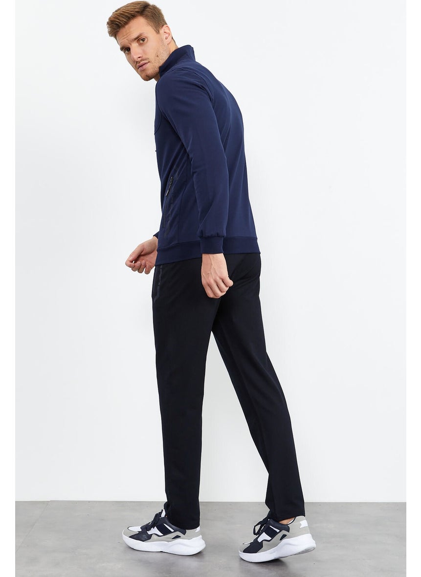 Indigo-Navy Blue Men's Stand Collar Zippered Standard Pattern Classic Leg Tracksuit-85152