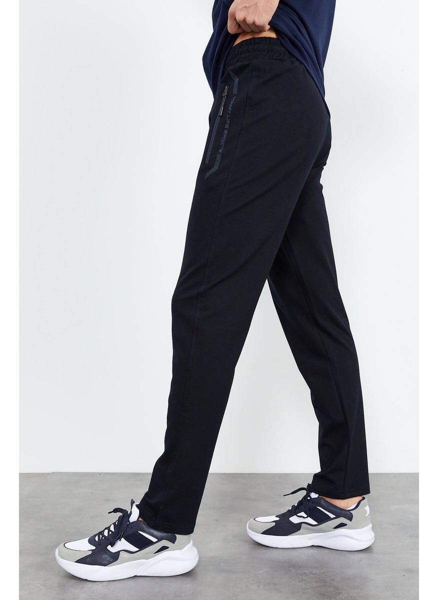Indigo-Navy Blue Men's Stand Collar Zippered Standard Pattern Classic Leg Tracksuit-85152