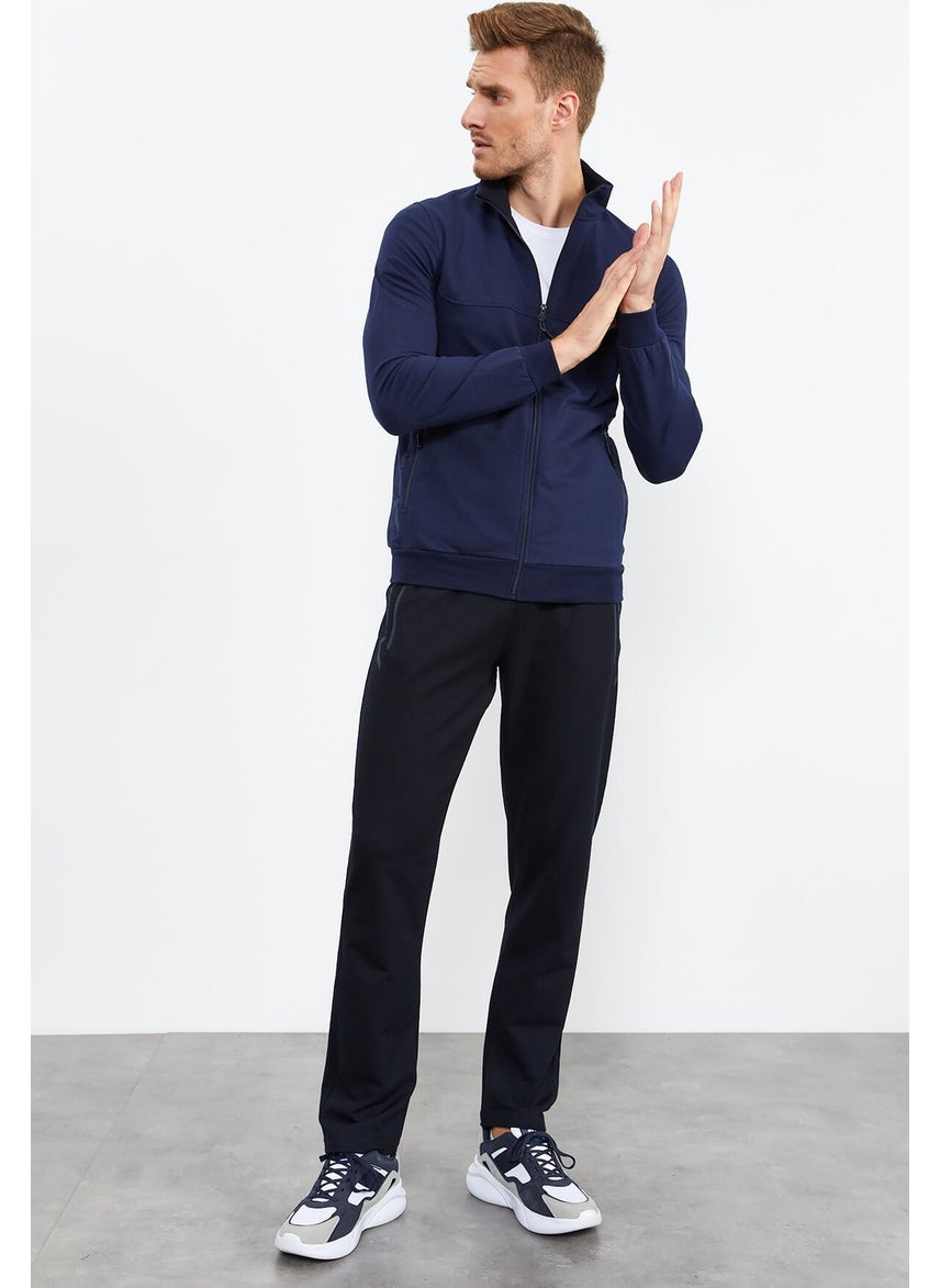 Indigo-Navy Blue Men's Stand Collar Zippered Standard Pattern Classic Leg Tracksuit-85152