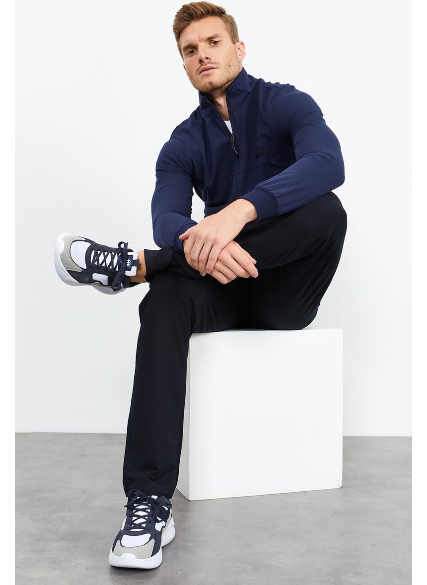 Indigo-Navy Blue Men's Stand Collar Zippered Standard Pattern Classic Leg Tracksuit-85152