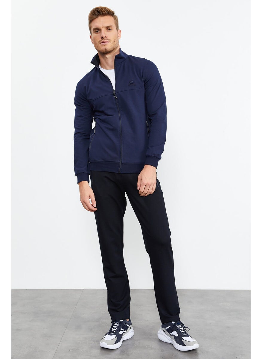 Indigo-Navy Blue Men's Stand Collar Zippered Standard Pattern Classic Leg Tracksuit-85152