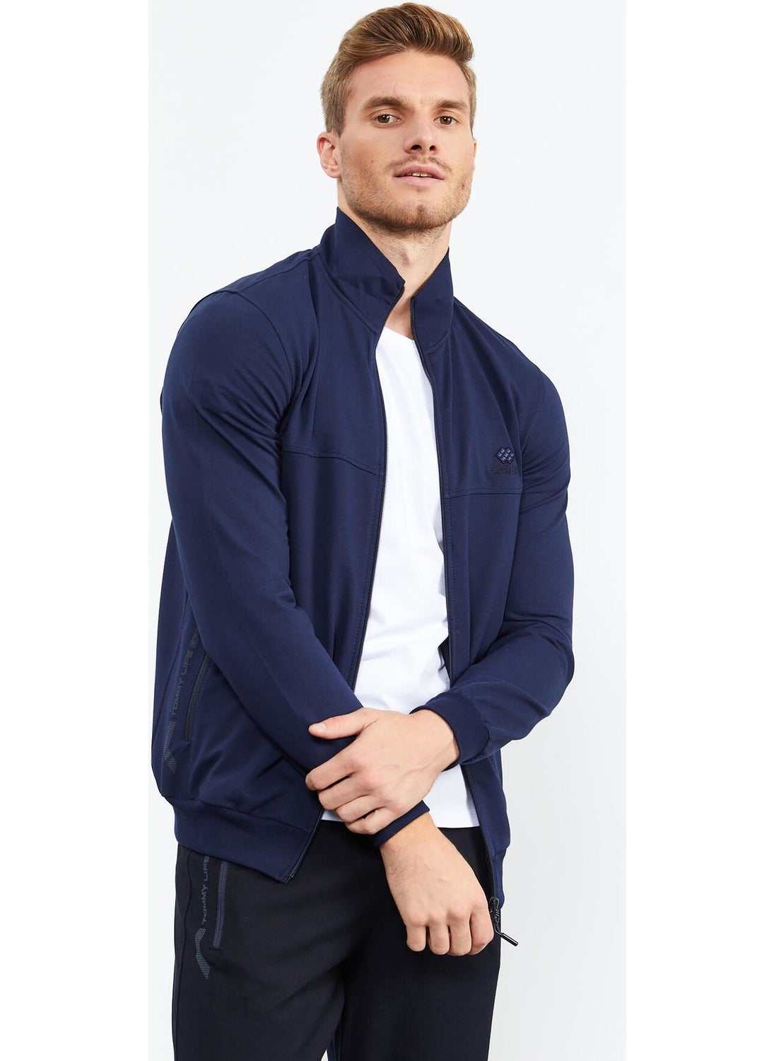 Indigo-Navy Blue Men's Stand Collar Zippered Standard Pattern Classic Leg Tracksuit-85152