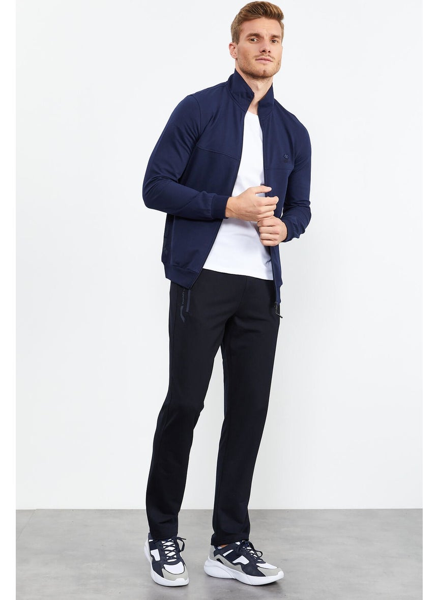 Indigo-Navy Blue Men's Stand Collar Zippered Standard Pattern Classic Leg Tracksuit-85152
