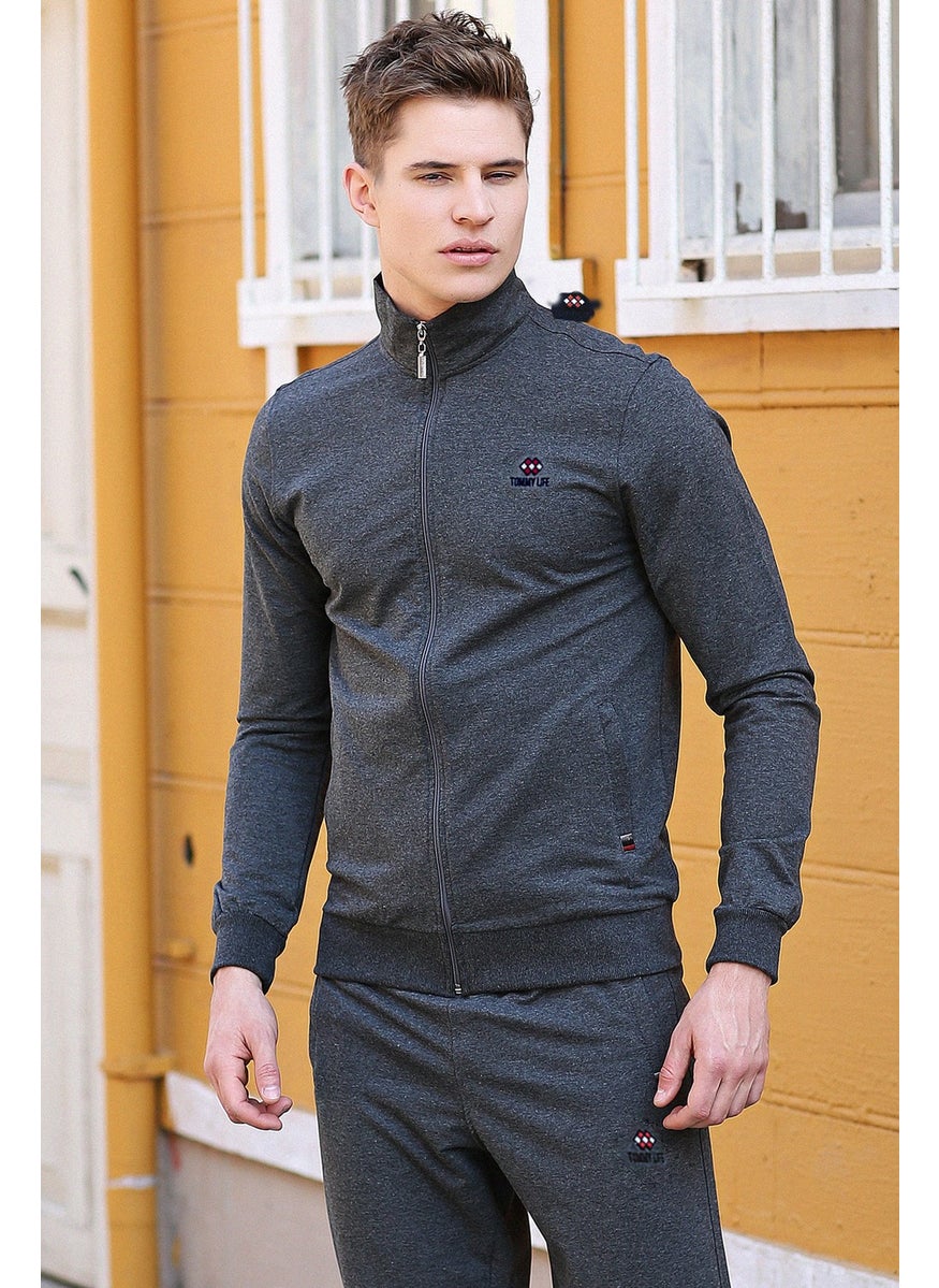 Anthracite Melange Men's Stand-Up Collar Zippered Slim Fit Classic Leg Tracksuit Set-85072