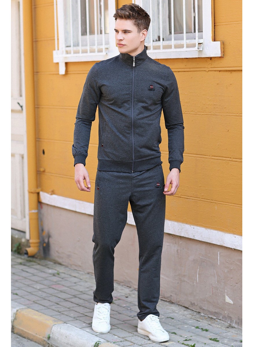 Anthracite Melange Men's Stand-Up Collar Zippered Slim Fit Classic Leg Tracksuit Set-85072