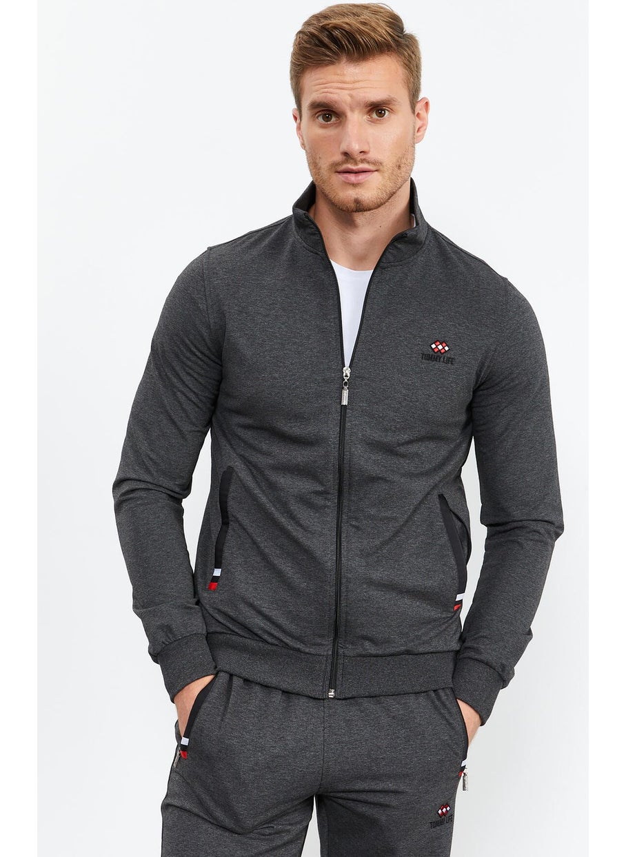 Anthracite Melange Men's Stand-Up Collar Zippered Slim Fit Classic Leg Tracksuit Set-85072