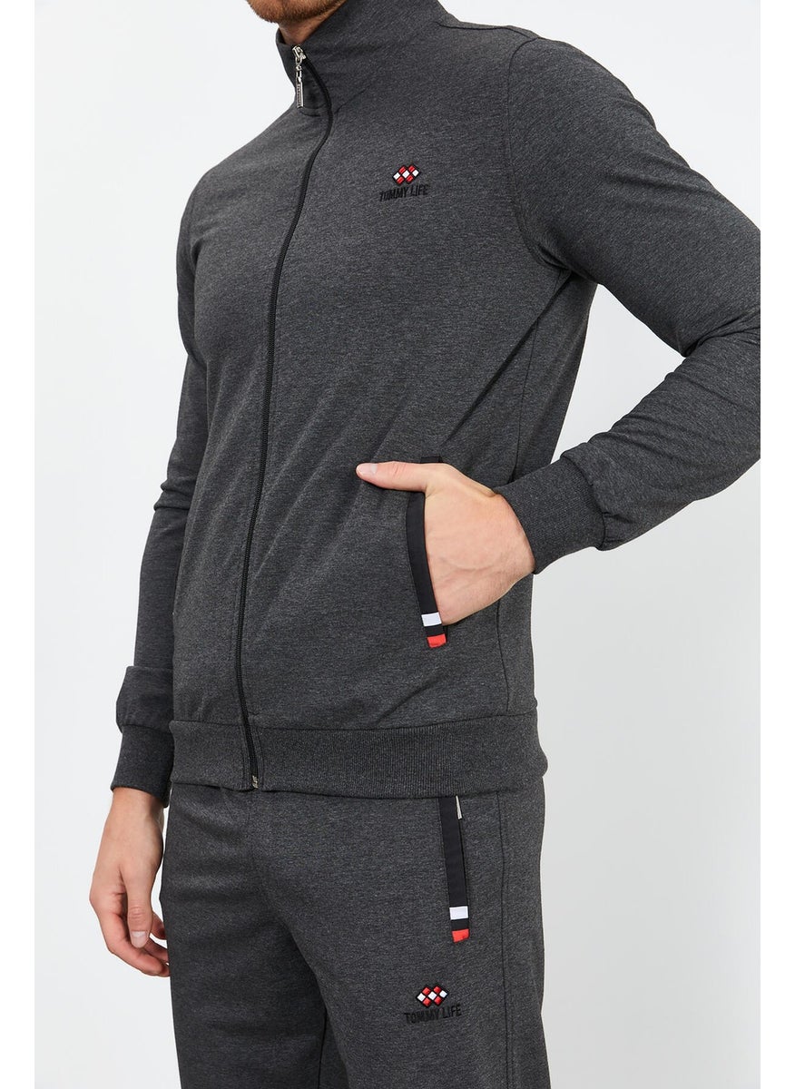 Anthracite Melange Men's Stand-Up Collar Zippered Slim Fit Classic Leg Tracksuit Set-85072