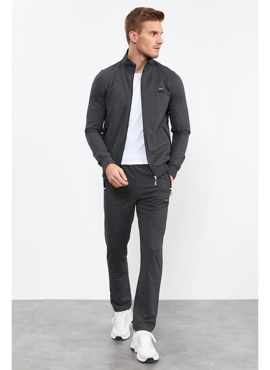 Anthracite Melange Men's Stand-Up Collar Zippered Slim Fit Classic Leg Tracksuit Set-85072