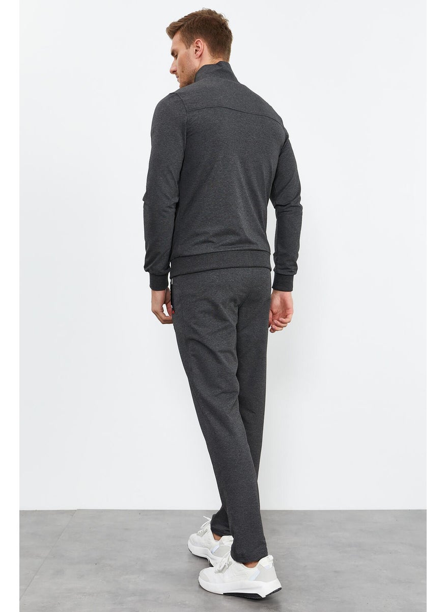 Anthracite Melange Men's Stand-Up Collar Zippered Slim Fit Classic Leg Tracksuit Set-85072