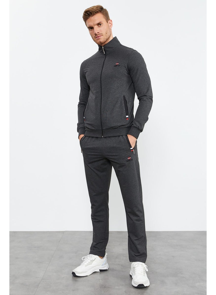 Anthracite Melange Men's Stand-Up Collar Zippered Slim Fit Classic Leg Tracksuit Set-85072