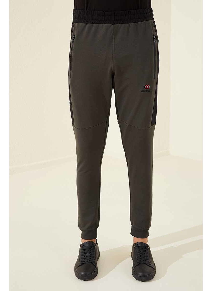 Khaki Men's Air Printed Zipper Pocket Standard Fit Jogger Tracksuit Bottom-84587