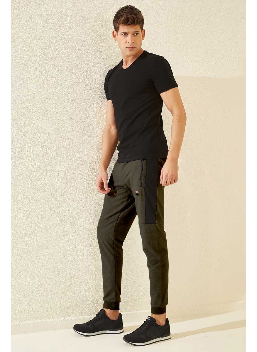 Khaki Men's Air Printed Zipper Pocket Standard Fit Jogger Tracksuit Bottom-84587