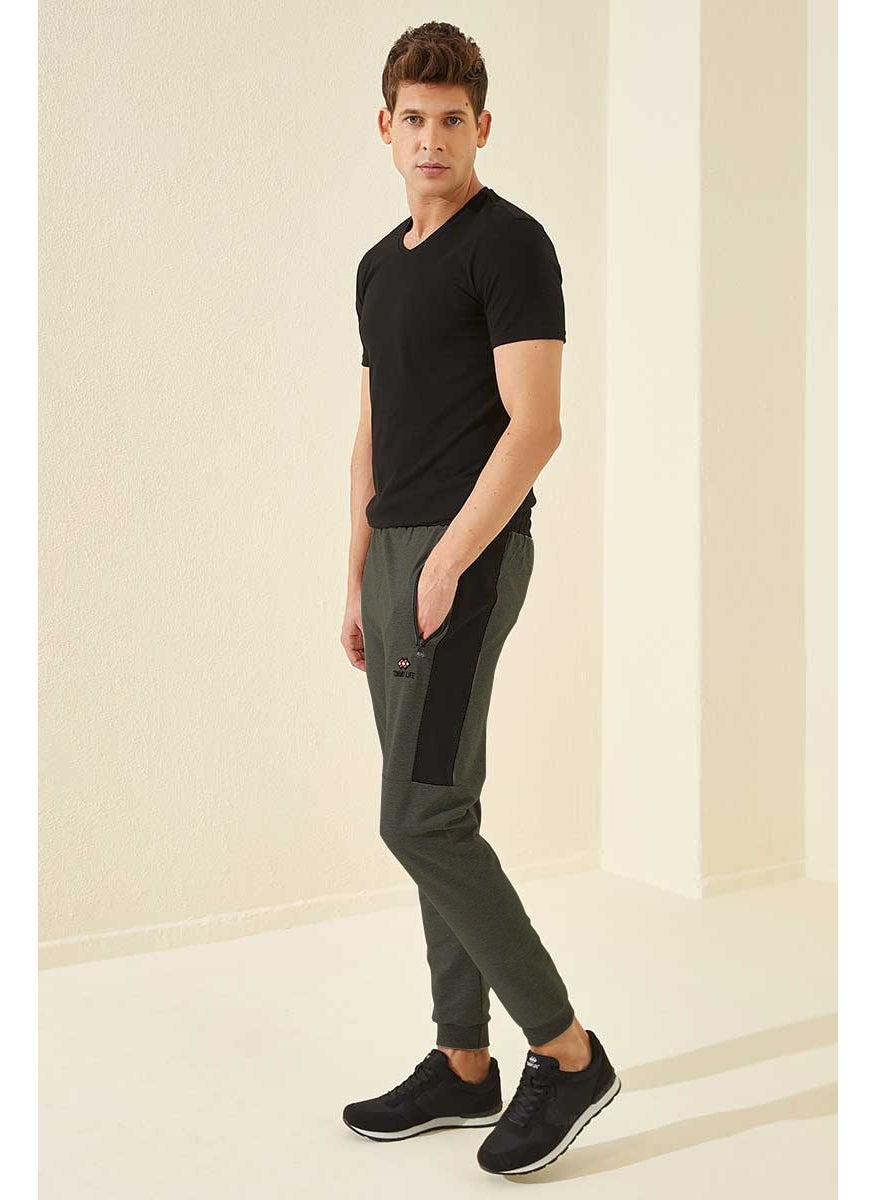 Khaki Men's Air Printed Zipper Pocket Standard Fit Jogger Tracksuit Bottom-84587