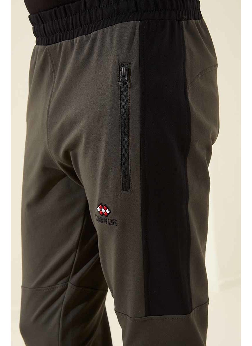 Khaki Men's Air Printed Zipper Pocket Standard Fit Jogger Tracksuit Bottom-84587