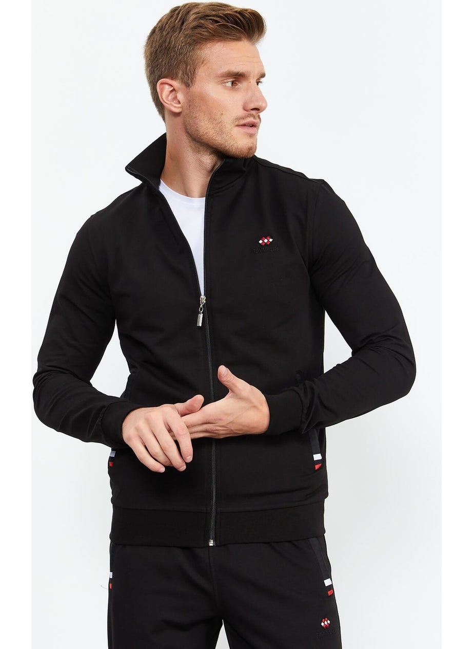 Black Men's Stand Collar Zippered Slim Fit Classic Leg Tracksuit-85072