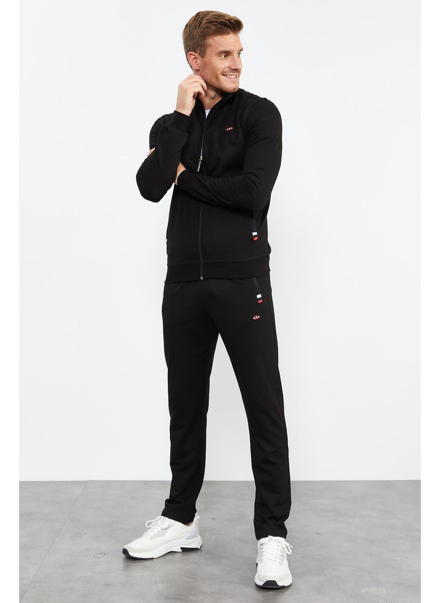 Black Men's Stand Collar Zippered Slim Fit Classic Leg Tracksuit-85072