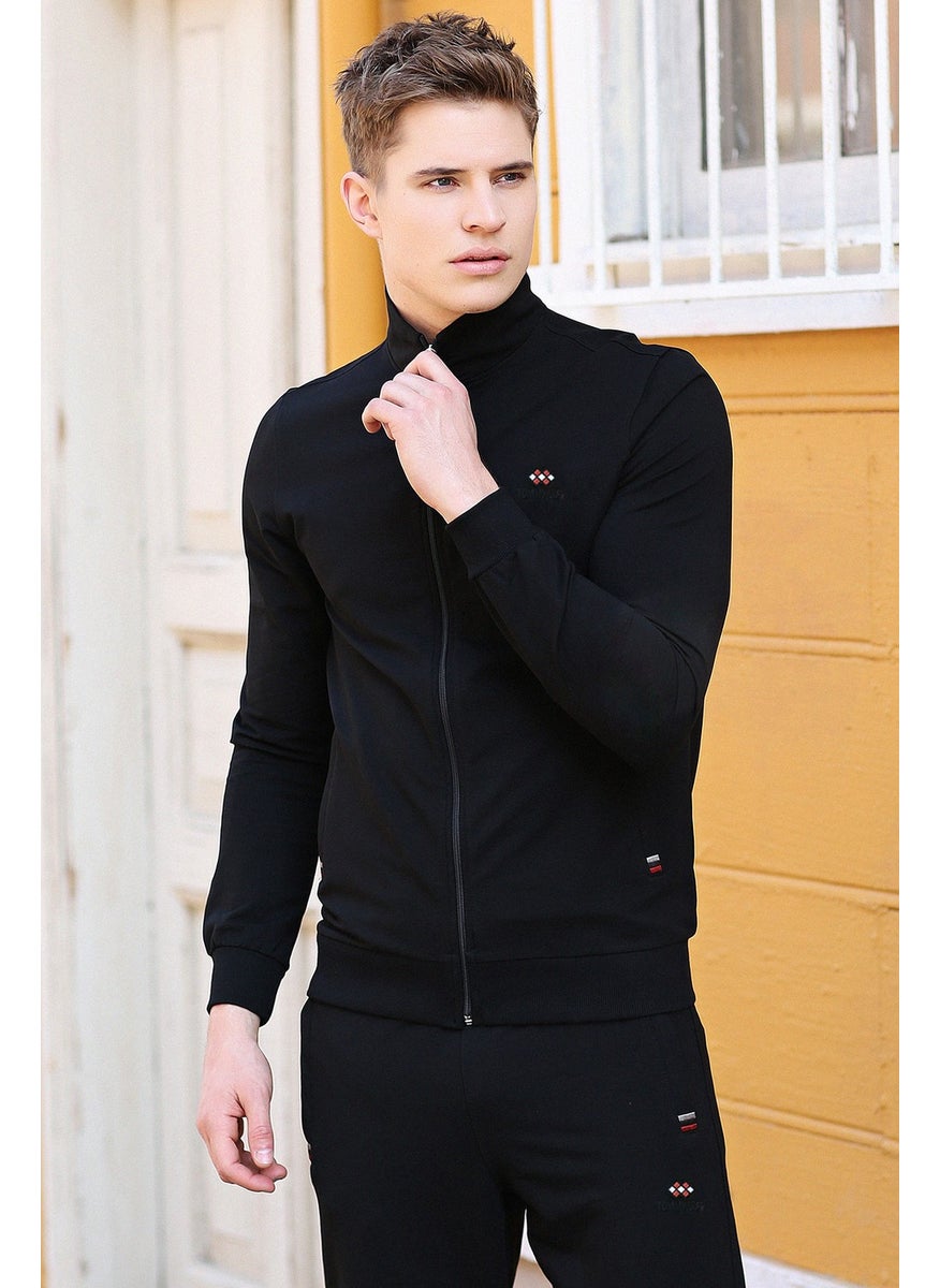 Black Men's Stand Collar Zippered Slim Fit Classic Leg Tracksuit-85072