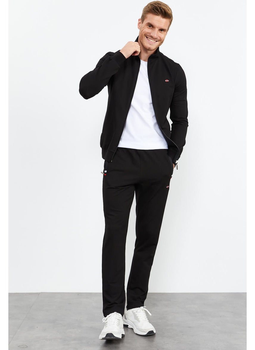 Black Men's Stand Collar Zippered Slim Fit Classic Leg Tracksuit-85072