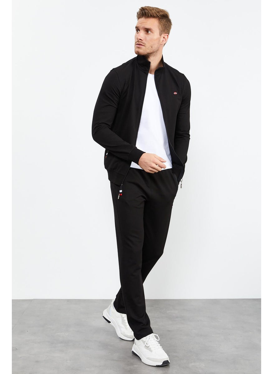 Black Men's Stand Collar Zippered Slim Fit Classic Leg Tracksuit-85072