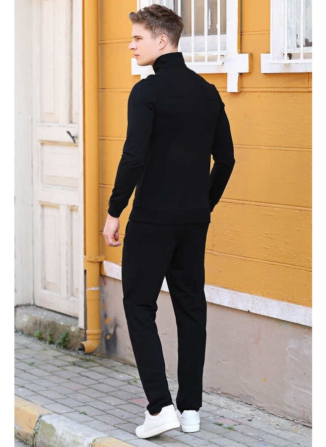 Black Men's Stand Collar Zippered Slim Fit Classic Leg Tracksuit-85072