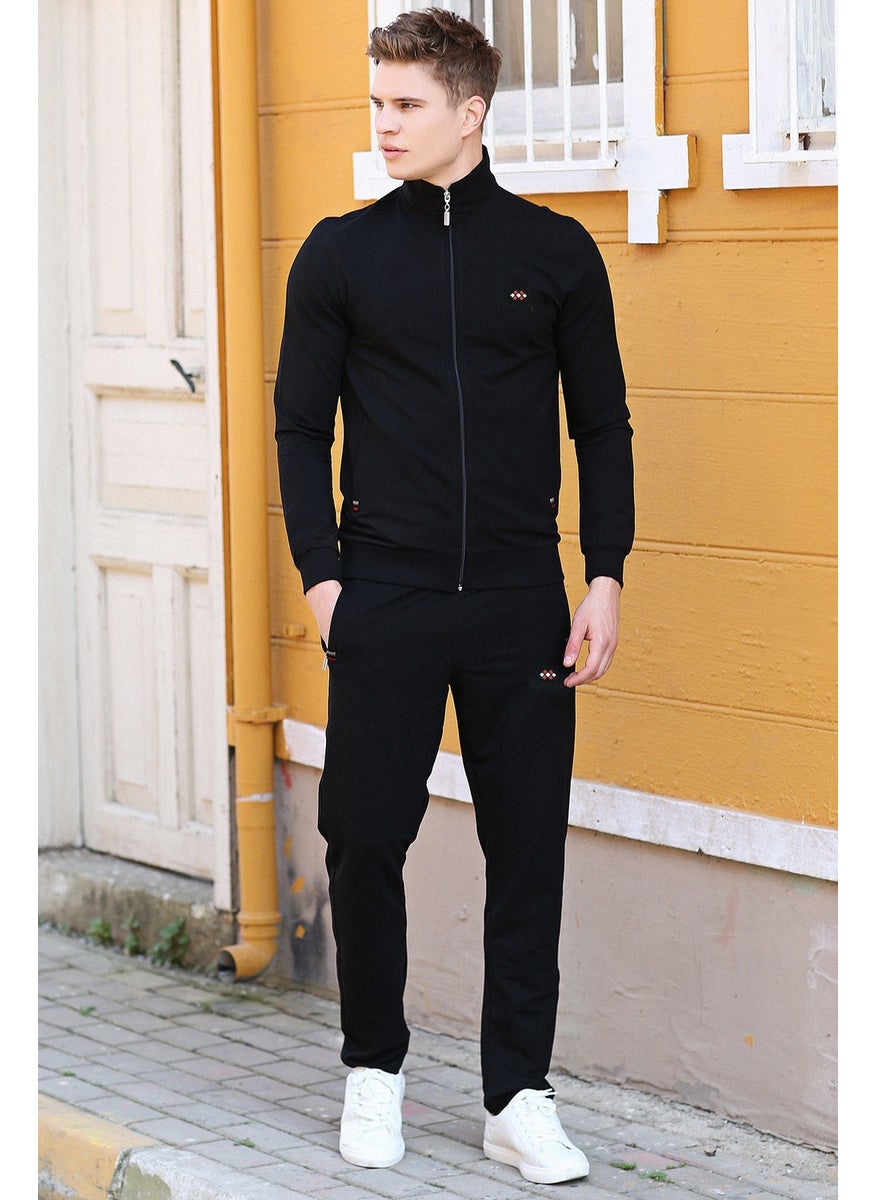 Black Men's Stand Collar Zippered Slim Fit Classic Leg Tracksuit-85072