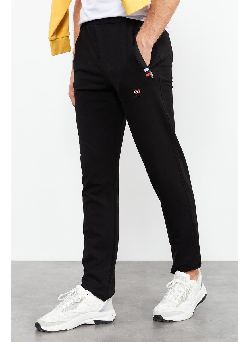 Black-Black Men's Zipper Pocket Slim Cut Classic Leg Tracksuit Bottom-84649
