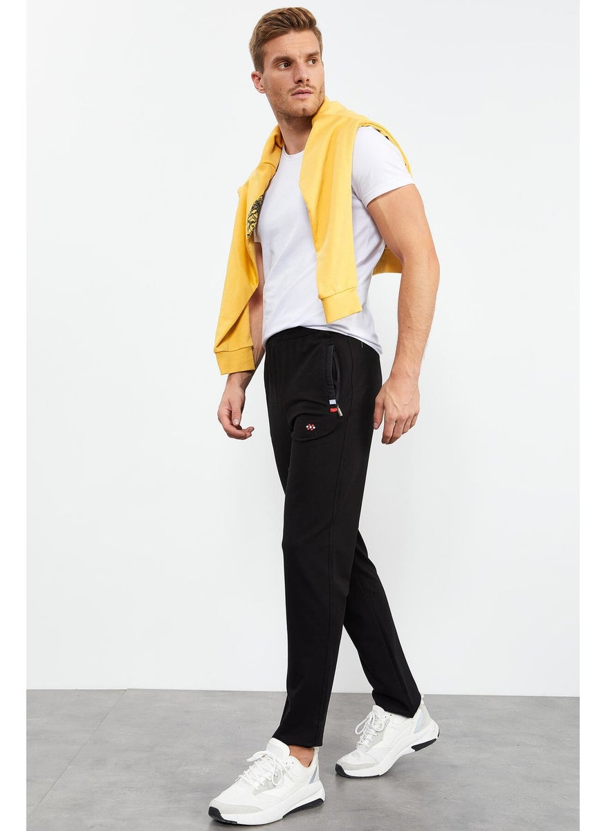 Black-Black Men's Zipper Pocket Slim Cut Classic Leg Tracksuit Bottom-84649