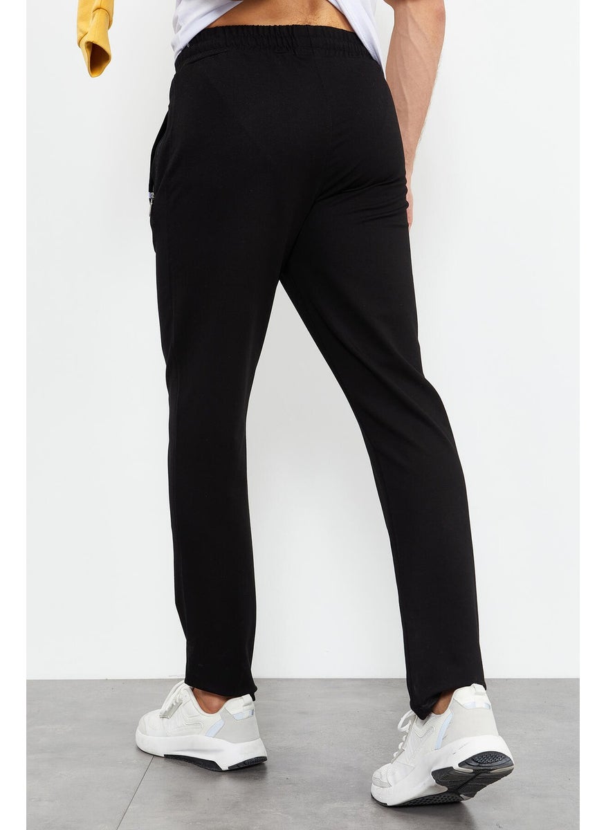 Black-Black Men's Zipper Pocket Slim Cut Classic Leg Tracksuit Bottom-84649