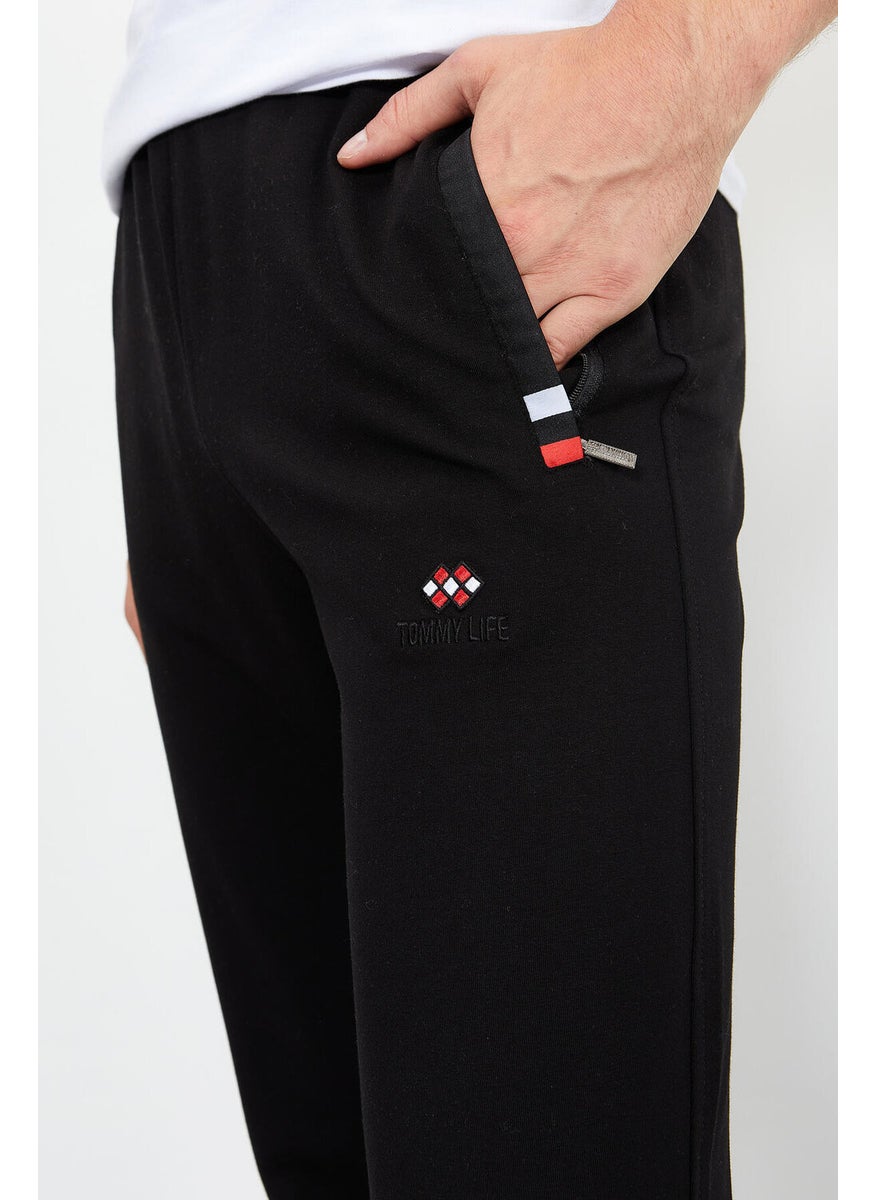 Black-Black Men's Zipper Pocket Slim Cut Classic Leg Tracksuit Bottom-84649