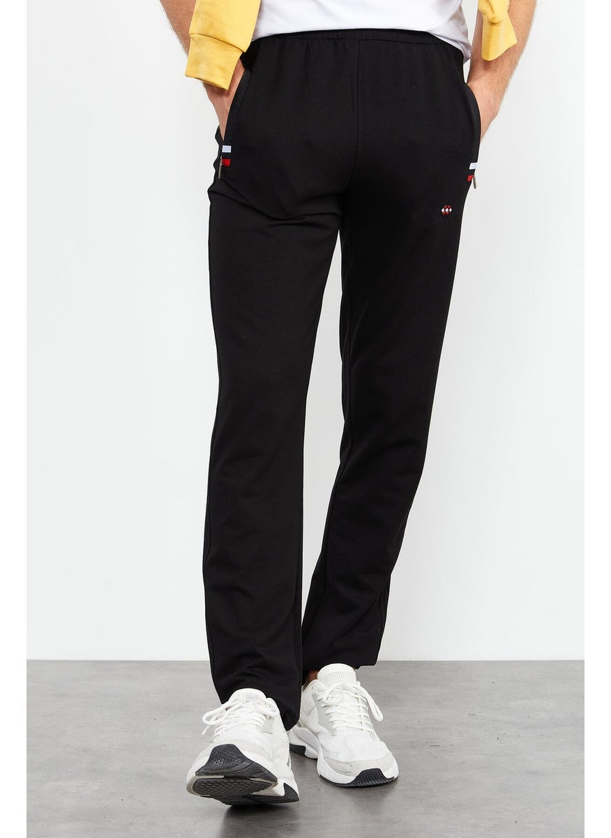 Black-Black Men's Zipper Pocket Slim Cut Classic Leg Tracksuit Bottom-84649