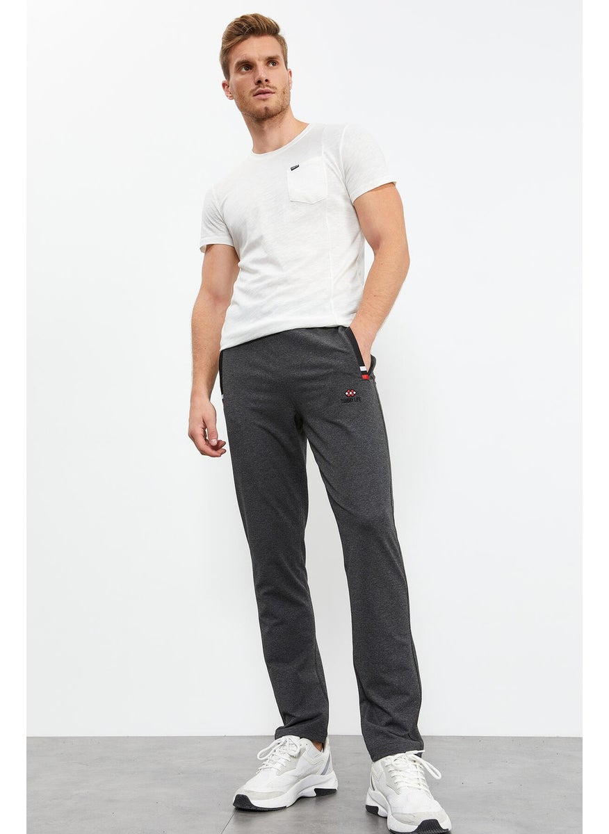 Anthracite Melange-Black Men's Zipper Pocket Slim Fit Classic Leg Tracksuit Bottom-84649