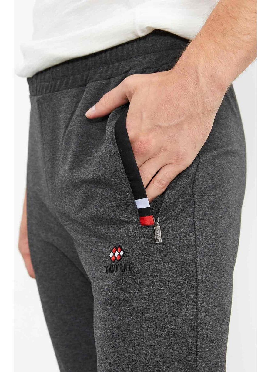 Anthracite Melange-Black Men's Zipper Pocket Slim Fit Classic Leg Tracksuit Bottom-84649
