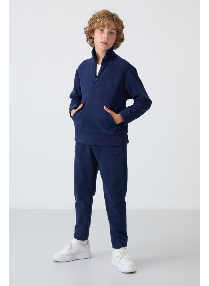 Navy Blue Thick Soft Texture Standard Fit Embroidered Polar Fleece Boy's Tracksuit - 11218