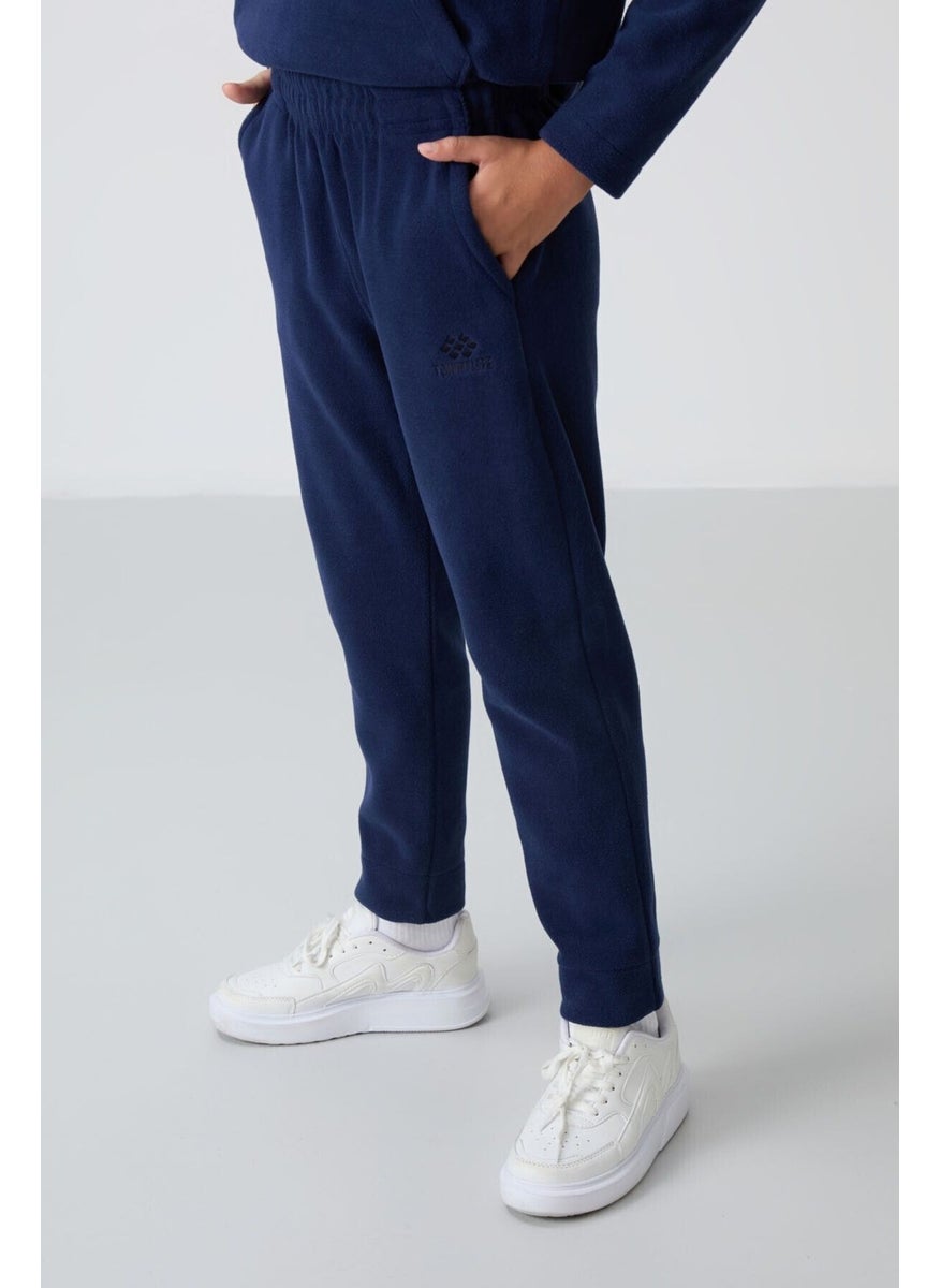 Navy Blue Thick Soft Texture Standard Fit Embroidered Polar Fleece Boy's Tracksuit - 11218