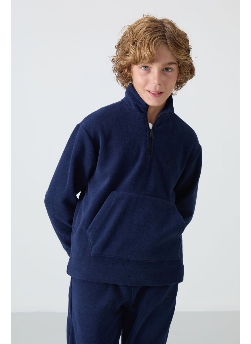 Navy Blue Thick Soft Texture Standard Fit Embroidered Polar Fleece Boy's Tracksuit - 11218