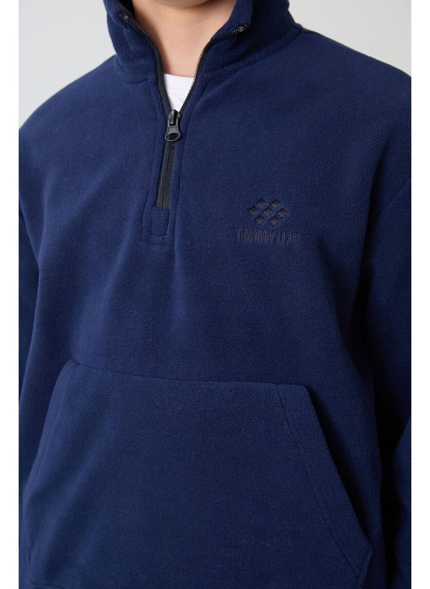 Navy Blue Thick Soft Texture Standard Fit Embroidered Polar Fleece Boy's Tracksuit - 11218
