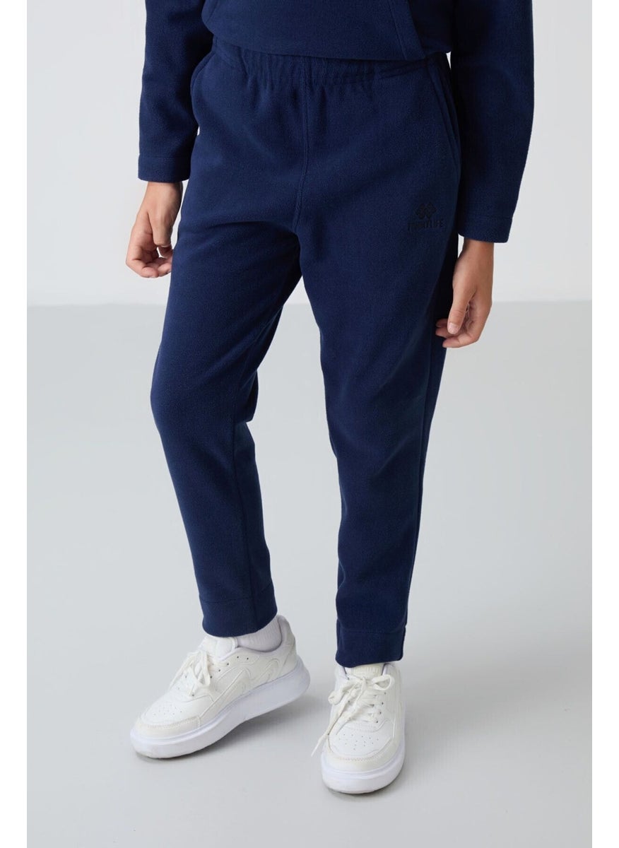 Navy Blue Thick Soft Texture Standard Fit Embroidered Polar Fleece Boy's Tracksuit - 11218