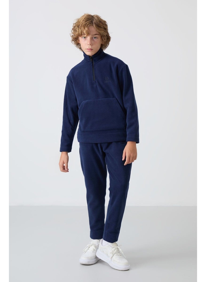 Navy Blue Thick Soft Texture Standard Fit Embroidered Polar Fleece Boy's Tracksuit - 11218