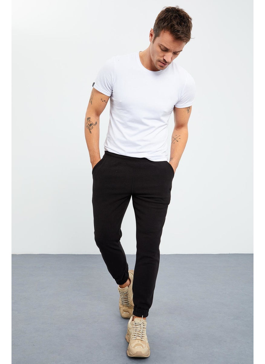 Black Men's Hidden Zipper Comfortable Form Elastic Leg Fleece Tracksuit Bottom - 84866