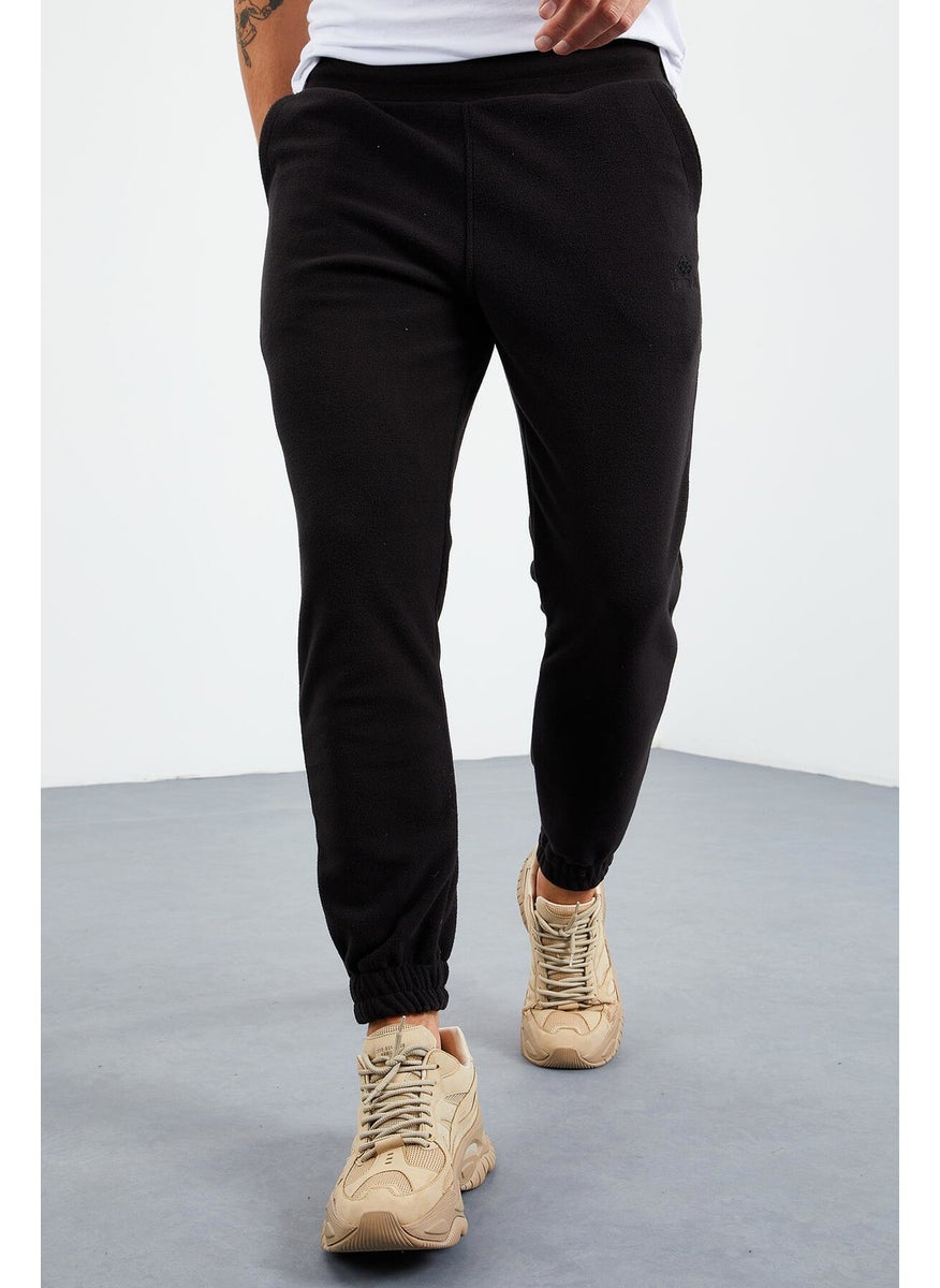 Black Men's Hidden Zipper Comfortable Form Elastic Leg Fleece Tracksuit Bottom - 84866
