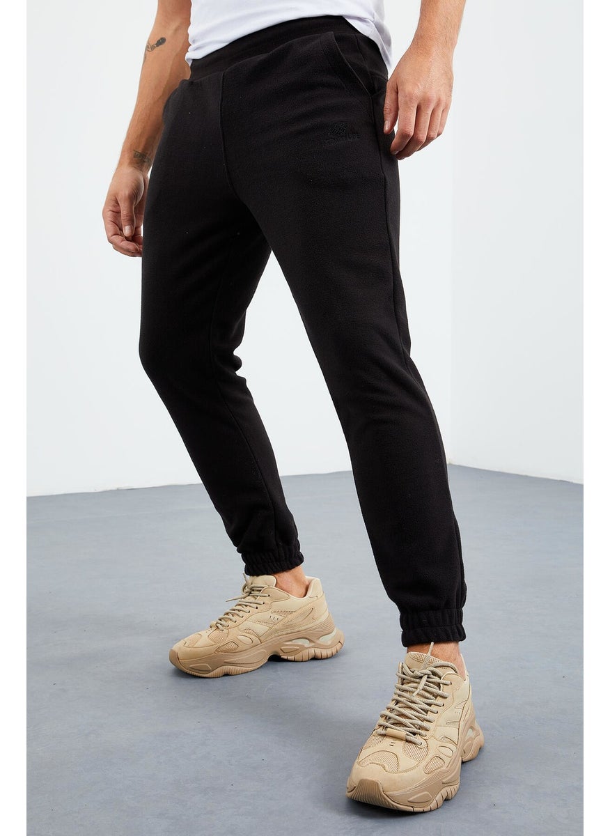 Black Men's Hidden Zipper Comfortable Form Elastic Leg Fleece Tracksuit Bottom - 84866