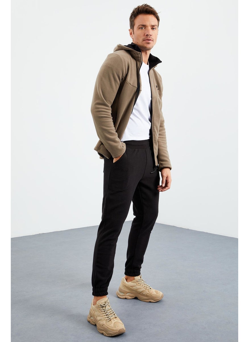 Black Men's Hidden Zipper Comfortable Form Elastic Leg Fleece Tracksuit Bottom - 84866